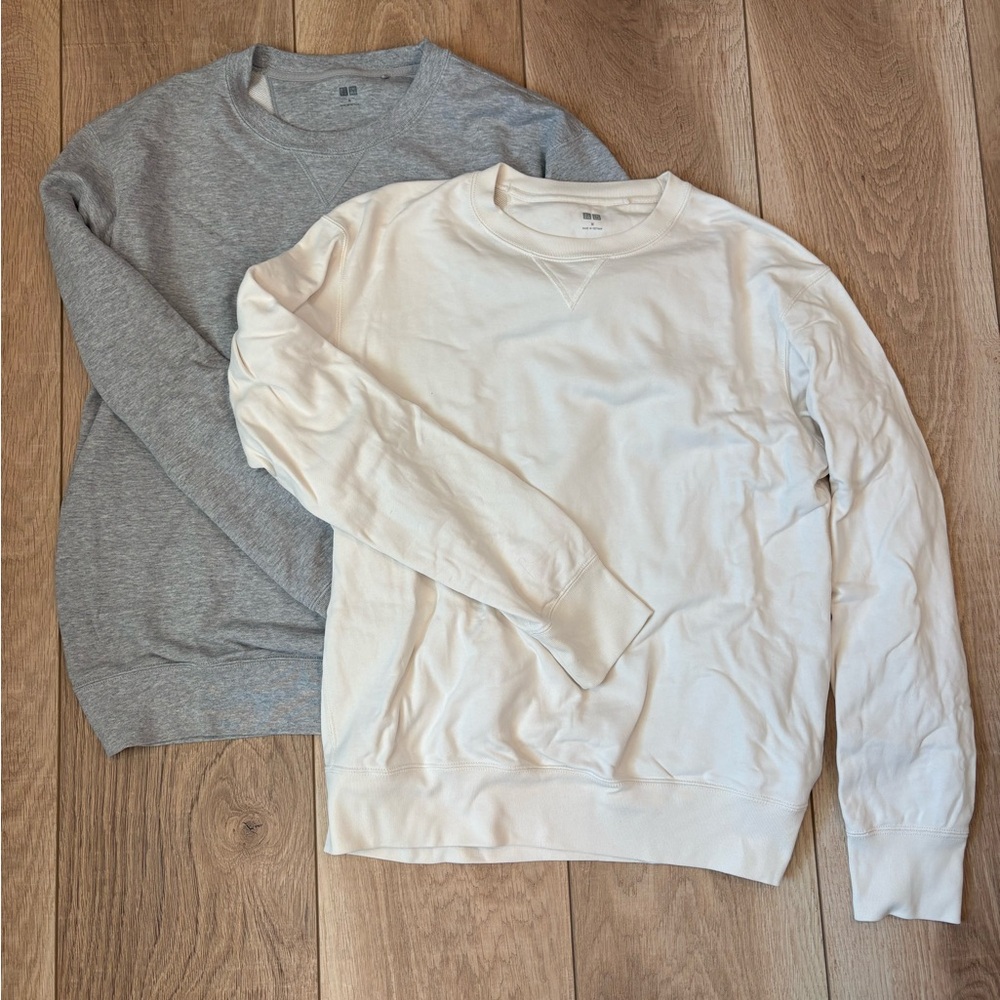 Uniqlo Men’s Crewneck Sweatshirt Bundle of 2 – Cream & Heather Gray – Size M